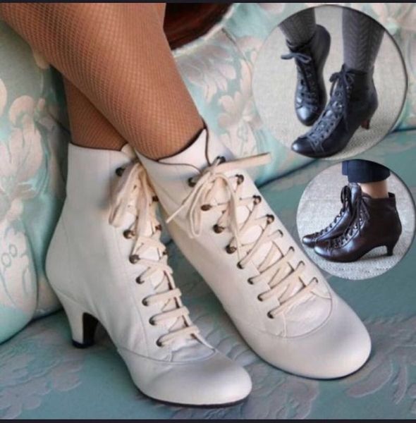 Mulheres Moda Vintage Martin Sapatinho Pointed Toe ata acima botas do tornozelo de couro sapatos de salto alto senhoras Outono-Inverno Clássico Preto EuropeStyle