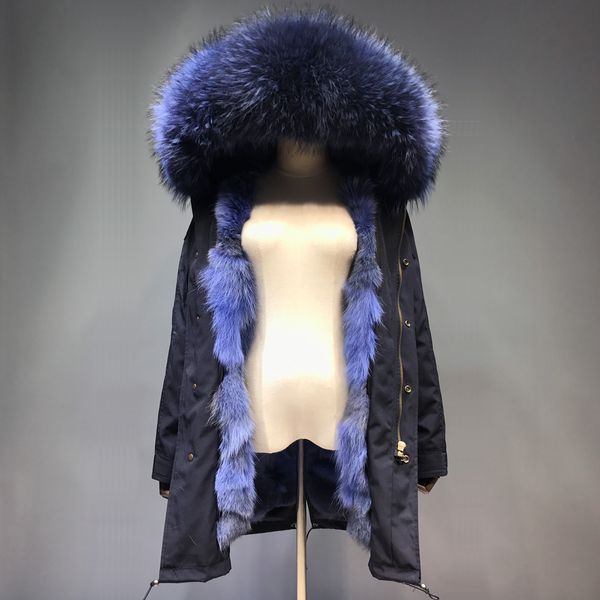 

maylofuer real navy blue wolf fur liner parka, women natural fur parkas detachable liner raccoon collar hood, Black
