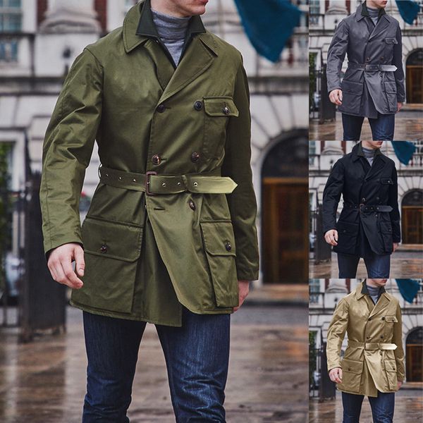 

2018 solid color men's double-breasted jacket coat windbreaker belt mens overcoats men long coat windbreaker trench for men, Tan;black
