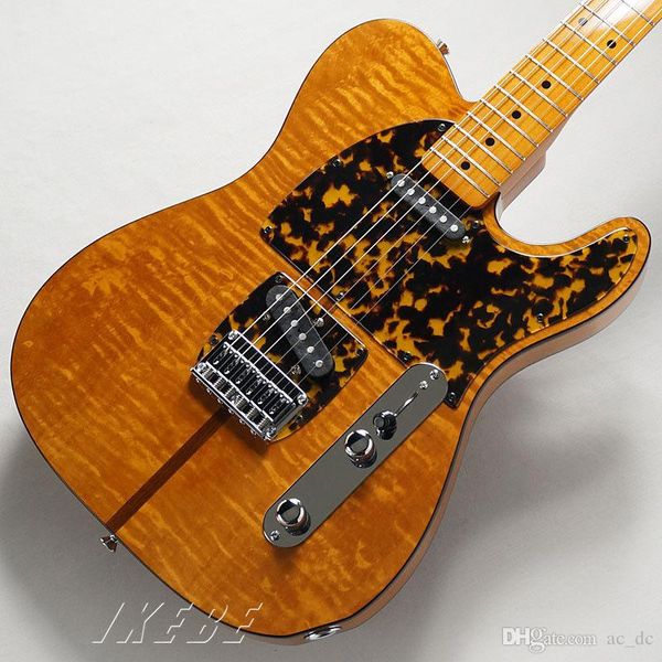 

hs anderson & hohner madcat mad cat tele flame maple sunburst electric guitar leopard pickguard, red turtle binding, vintage tuners