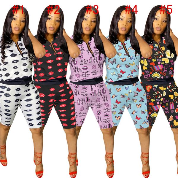 

women letters lips printing summer shorts set for women two piece set short sleeves t shirt shorts sport suit tracksuit sportswear d61507, White