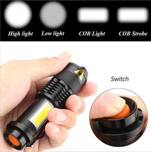 

led flashlight lamp side cob lamp 8000 lumens bright outdoor riding traveling torch zoomable torches 4 light modes for 18650 battery