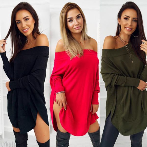 

new arrival women loose knit dress batwing long sleeve off shoulder sweater dress lady fashion casual shirt loose, Black;gray