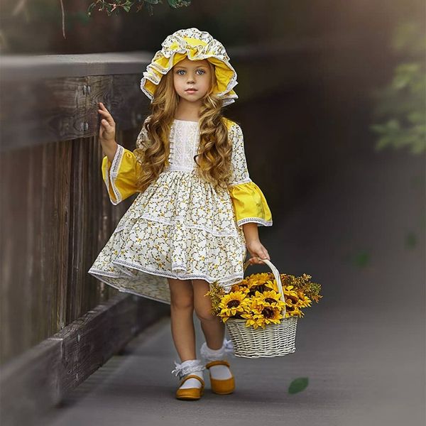 

девушки одеваются цветочные дети платье детей лета платье клеш рукавом печатные платья, Red;yellow