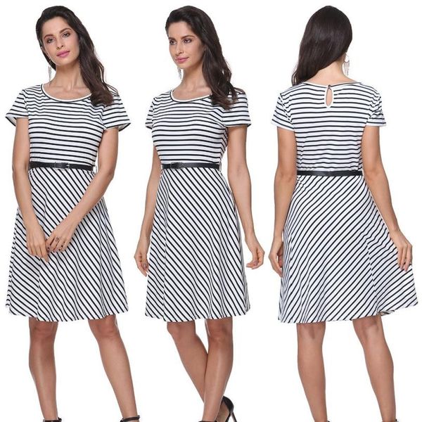 

2018 dress female new fashion womens casual o neck empire short sleeve belt stripe knee-length dress vestidos, Black;gray