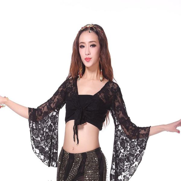 

yiwa woman dance clothes lace long sleeves belly dance flared sleeves shawl, Black;red