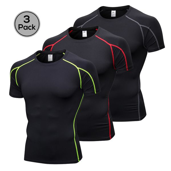 

lixada 3 pack short sleeve shirt men sports quick dry compression t shirts running slim fitness gym muscle tee base layer top, Black;red