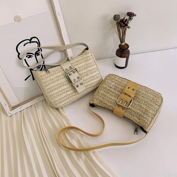 

summer woven bags for women 2020 handmade straw mini beach travel holiday casual hasp shoulder bags pu leather underarm bag