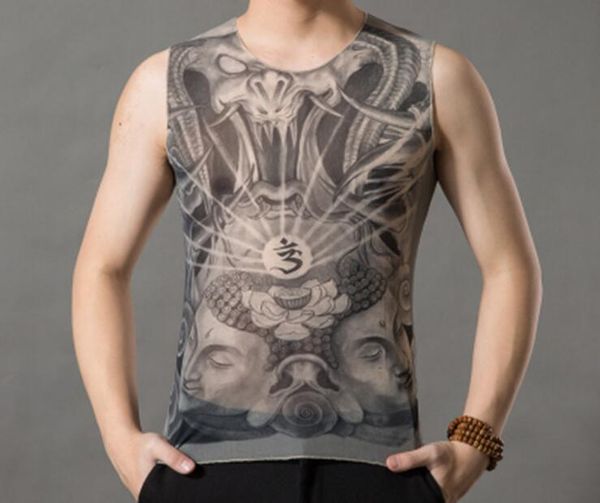 

fashion tattoo clothes printed vest men's t-shirt tattoo pattern summer elastic personality non-mainstream buddha guanyin dragon tiger
