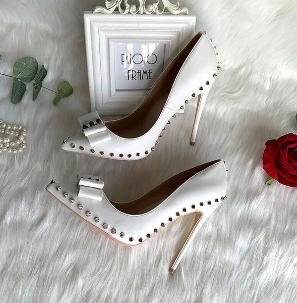 

2020 lady women bridal wedding bowtie spikes white leather heel shoes pump poined toes stiletto heel shoes strap sandals, Black