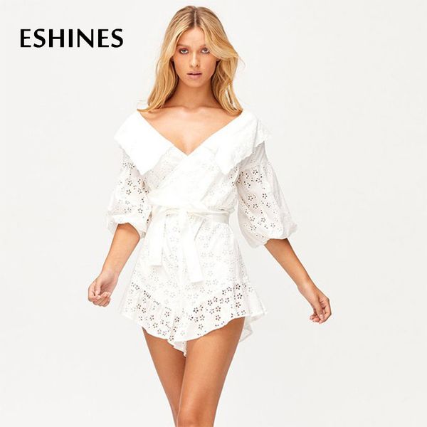 

eshines runway designer women short jumpsuits summer white embroidered floral hollow out v-neck lace up sashes ruffles jumpsuits, Black;white