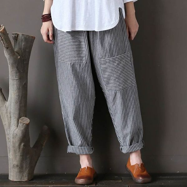 

plus 5xl size zanzea women striped pants elastic waist cotton linen pantalon loose long harem trousers casual baggy streetwear, Black;white