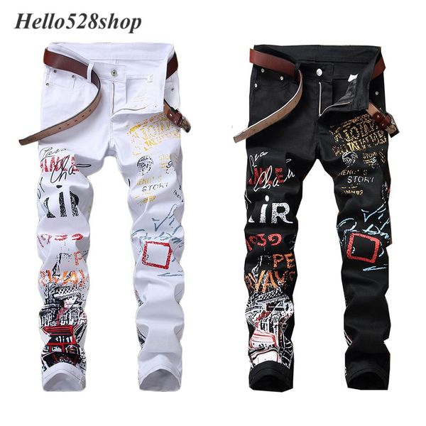 

hello528shop fashion designer printed trousers for men slim stretch nightclub casual small straight pants, Black