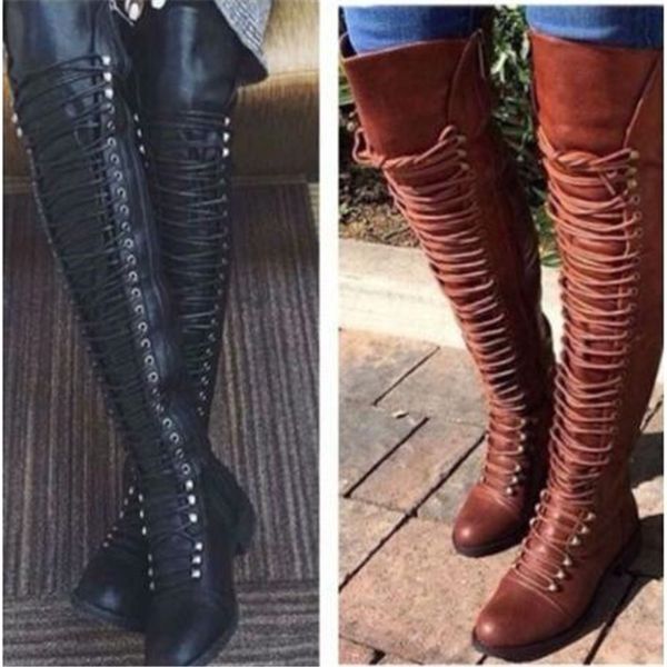 

women long boots lace up leather female over the knee boots winter women shoes plus size 34-43 ladies boots, Black