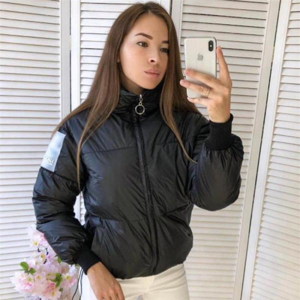 

2019 new women parkas mujer autumn winter casual long sleeved stand collar zipper short jacket and coat female warm outerwear, Black