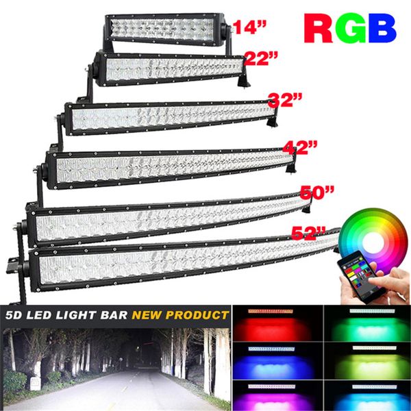 

5d rgb led floodlight bar bluetooth app control 16 million color changing curved light bar 4x4 boat truck 120w 180w 240w 288w 300w work lamp
