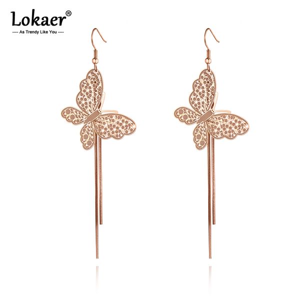 

lokaer trendy titanium stainless steel butterfly tassel earrings jewelry rose gold animal dangle earrings for women girls e19239, Silver