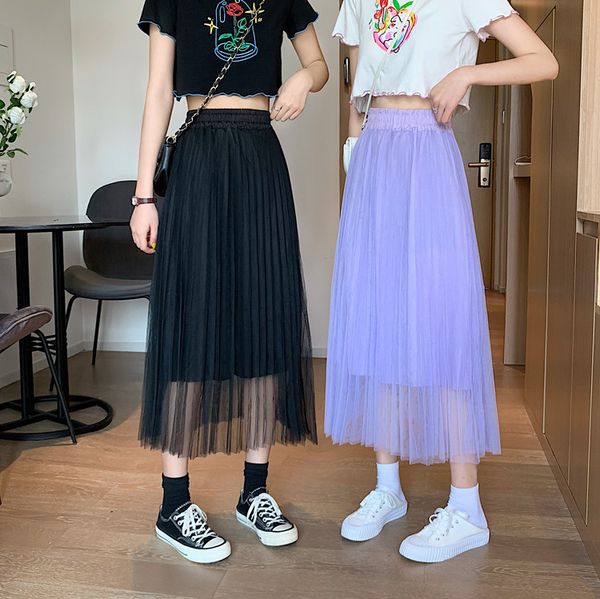 

pleated tulle skirts womens summer high waist maxi skirt korean school ladies girls black purple skirt long