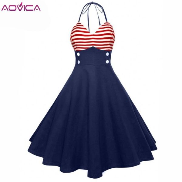 

aovica vintage 50s red striped elegant dress button sleeveless party dresses a line rockabilly retro robe pin up vestido new, Black;gray