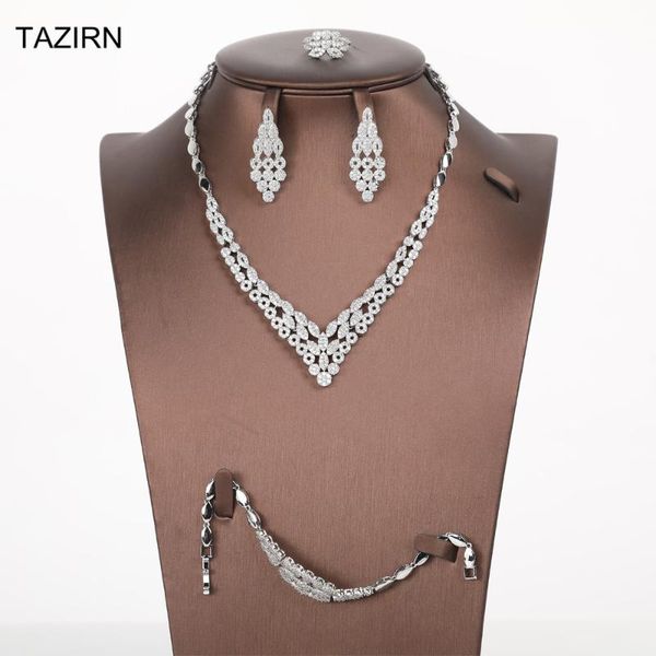 

dubai crystal wedding jewelry sets for brides zircon 4 pcs necklace/bracelet/earrings/rings sets for party quinceanera, Silver