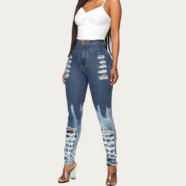 

elastic hole boyfriend jeans women bleached slim mom jeans streetwear ripped high waist denim pencil pants ladies skinny trouser, Blue