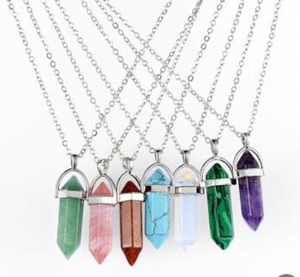 

bullet shape real amethyst natural crystal quartz healing point chakra bead gemstone opal stone pendant chain necklaces jewelry, Silver