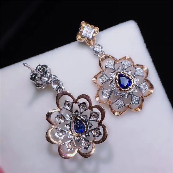 

18k gold natural sapphire diamond earrings luxury retro jewelry inlay, Golden;silver