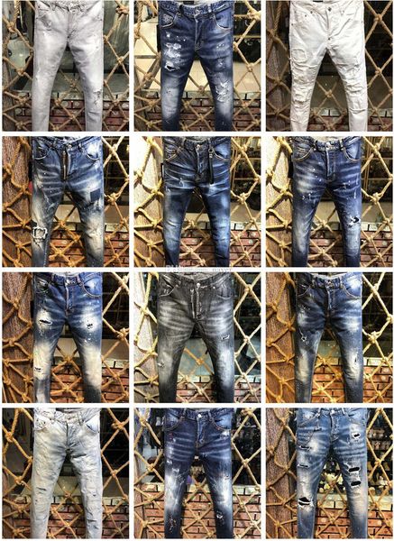 

items mens jeans designer ripped motorcycle moto biker denim pants fashion slim tear hole hip hop jeans italy size w44-54, Blue