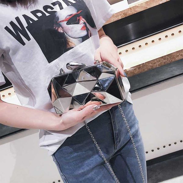 

fashion hexagon women handbag metal luxury clutches geometric mini party tote silver dinner bag gold hand bag purse