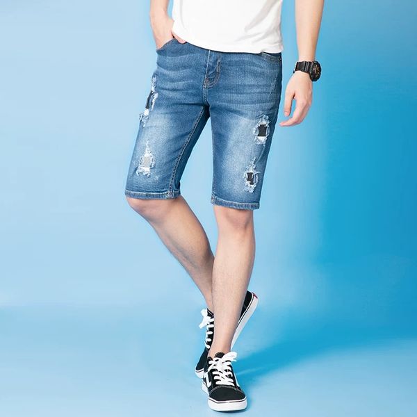 

2019 summer new ripped jeans shorts fashion ales men casual pants fit elastic denim shorts, Blue