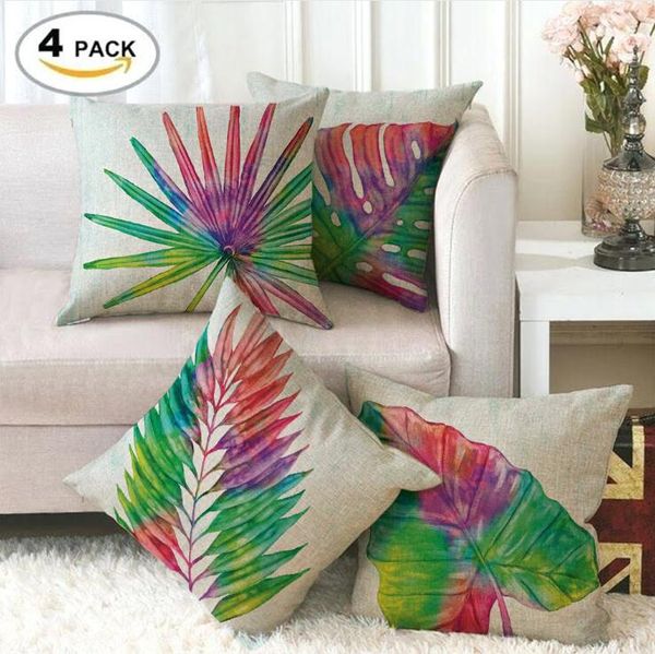 Flores tropicais Folhas verdes Cushion Capa de linho decorativo travesseiro quadrado de 18 