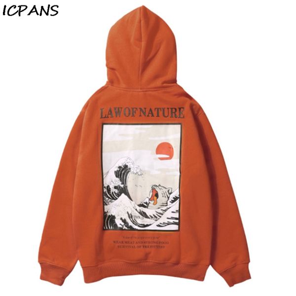 

icpans японская вышивка смешные cat wave printed ватки толстовки 2019 winter japan style hip hop повседневный фуфайки streetwear, Black