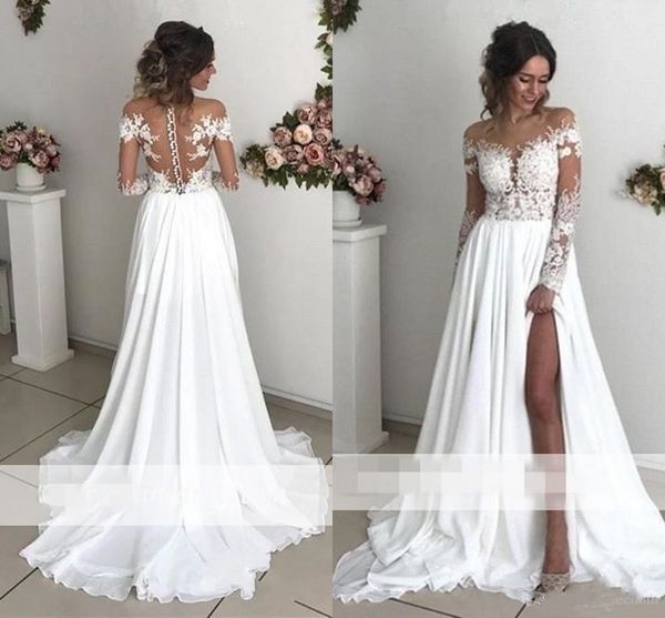 

2020 exquisite lace chiffon a-line wedding dresses sheer neck long sleeves side split sweep train back cover buttons country bridal gowns 83, White