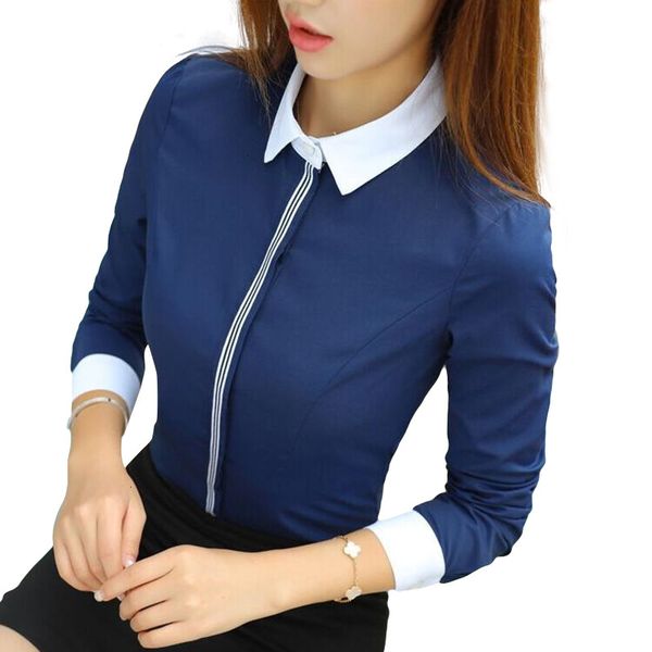

designer blouse woman new fashion cotton shirt spring formal elegant blouse office ladies wear plus size navy blue white