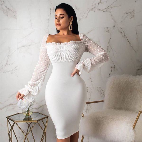 

fashion polka dot sheer mesh long-sleeved pencil dress back lace up design bodycon bandage dress for women, Black;gray
