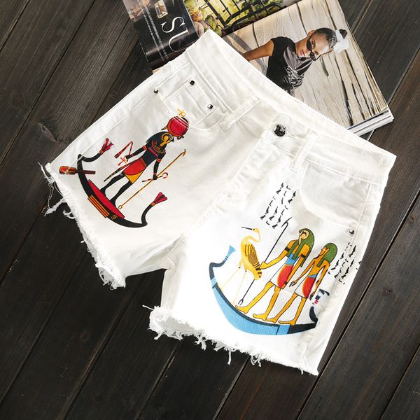 

high waist denim shorts women's summer korean-style loose wide leg high waist printing pants white jeans shorts femme, Blue
