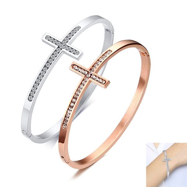 

2020 stainless steel rose gold color tone classic religious cross white cz bangle bracelet, Black