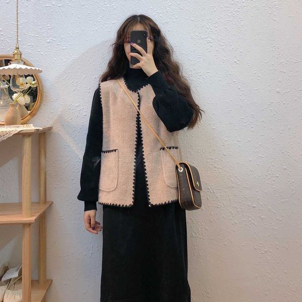 

fall winter new fashion 2019 womens cashmere vests open stitch pockets solid color patchwork casual hair outerwear, Black;white
