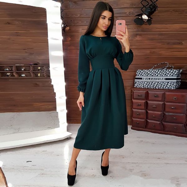 

casual dresses women vintage slim a-line party dress long sleeve o neck solid elegant 2021 early spring fashion, Black;gray