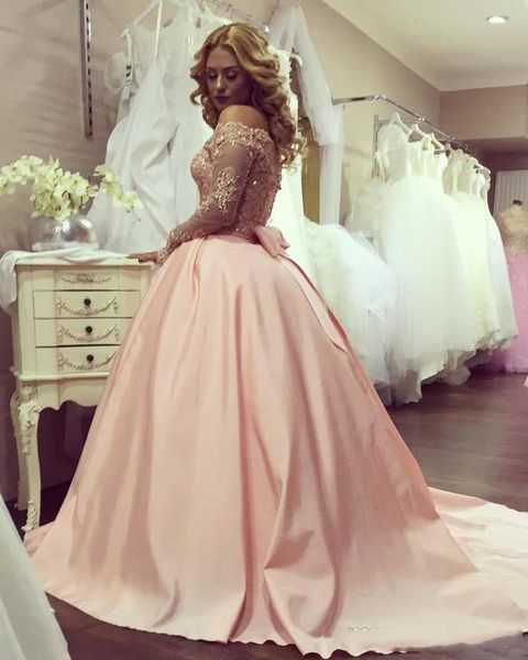 

2020 великолепной vintage arabic blush pink пром платье scoop длинные рукава a-line атласных вечерние платья официально партия платье с бант, Black