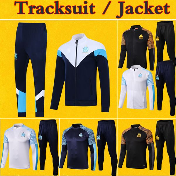 

survetement marseille full zip track soccer jacket tracksuit mens kids 2020 maillot om 19 20 pre-match winter football jacket pants kit, Black