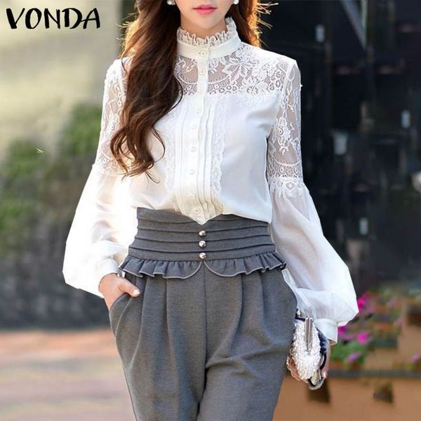 

women's blouses & shirts tunic office ladies 2021 vonda summer women casual vintage long sleeve lace plus size bohemian blusas, White