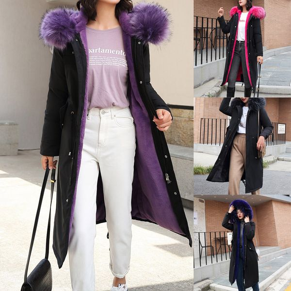 

winter jacket women long parka women outerwear faux fur hooded button coat long solid jackets pocket coats manteau femme 2019, Black