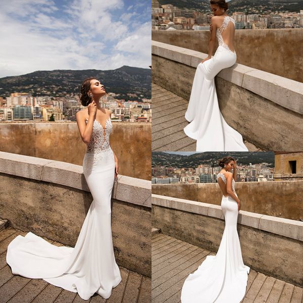 

berta mermaid wedding dresses sheer jewel neck lace appliqued beads country bridal gowns sweep train backless beach wedding dress, White