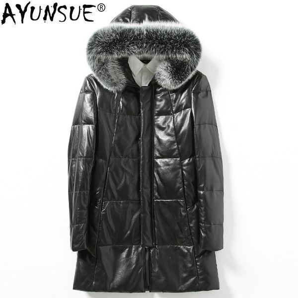 

ayunsue men's sheepskin coat genuine leather winter duck down jacket men fur collar hooded long coat men jackets kj1448, Black