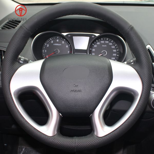 

lqtenleo black artificial leather hand-stitched car steering wheel cover for ix35 tucson 2 2011-2015