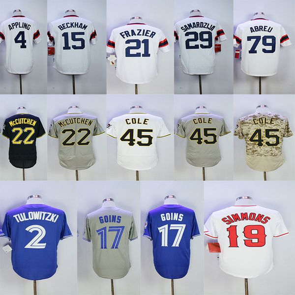 

4 Appling 15 Beckham 21 Todd Frazier 79 Abreu 29 Samardzija 22 Mccutchen 45 Cole 2 Tulowitzki 17 Goins 19 Jeff Simmons Men Baseball Jersey