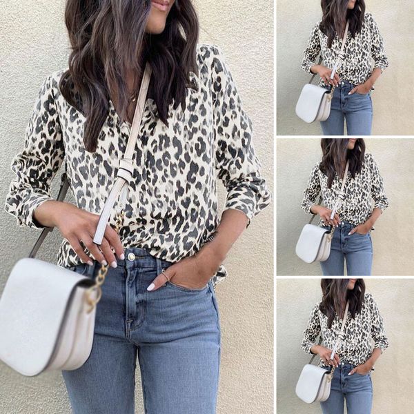 

women ladies blouse spring fashion business casual work t-shirt leopard print tee, White