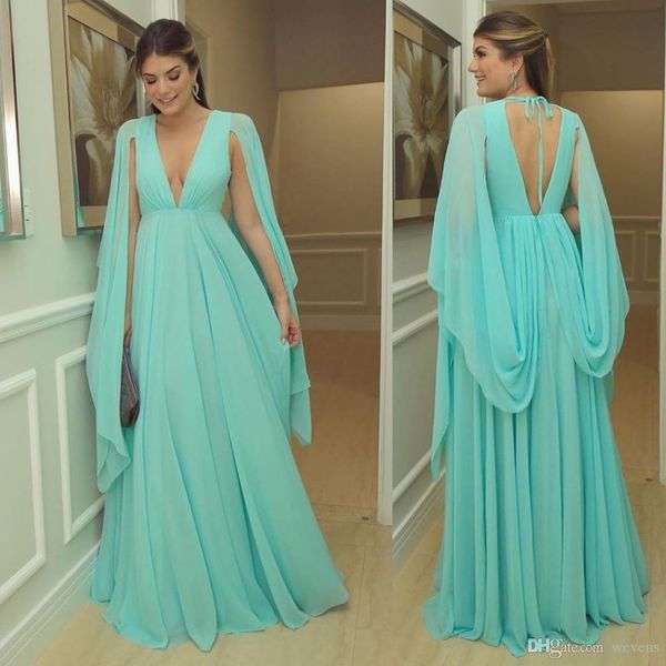 V sexy tiefe Hals Eine Linie Abschlussballkleid mit Umhang Rückenfreier Chiffon bodenlange Abendkleider formale einfache Partykleid Vestidos Estidos