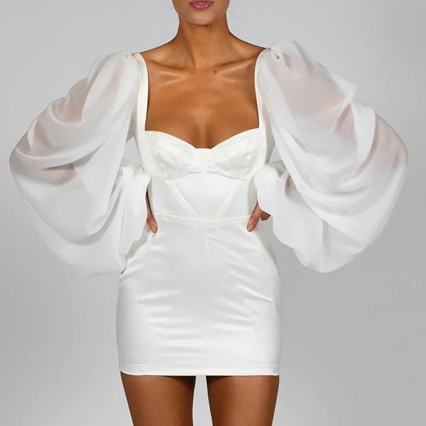 

lucyever square neck puff sleeve dress woman white sheer mesh bodycon mini dress women casual zipper backless vestidos 2020, Black;gray